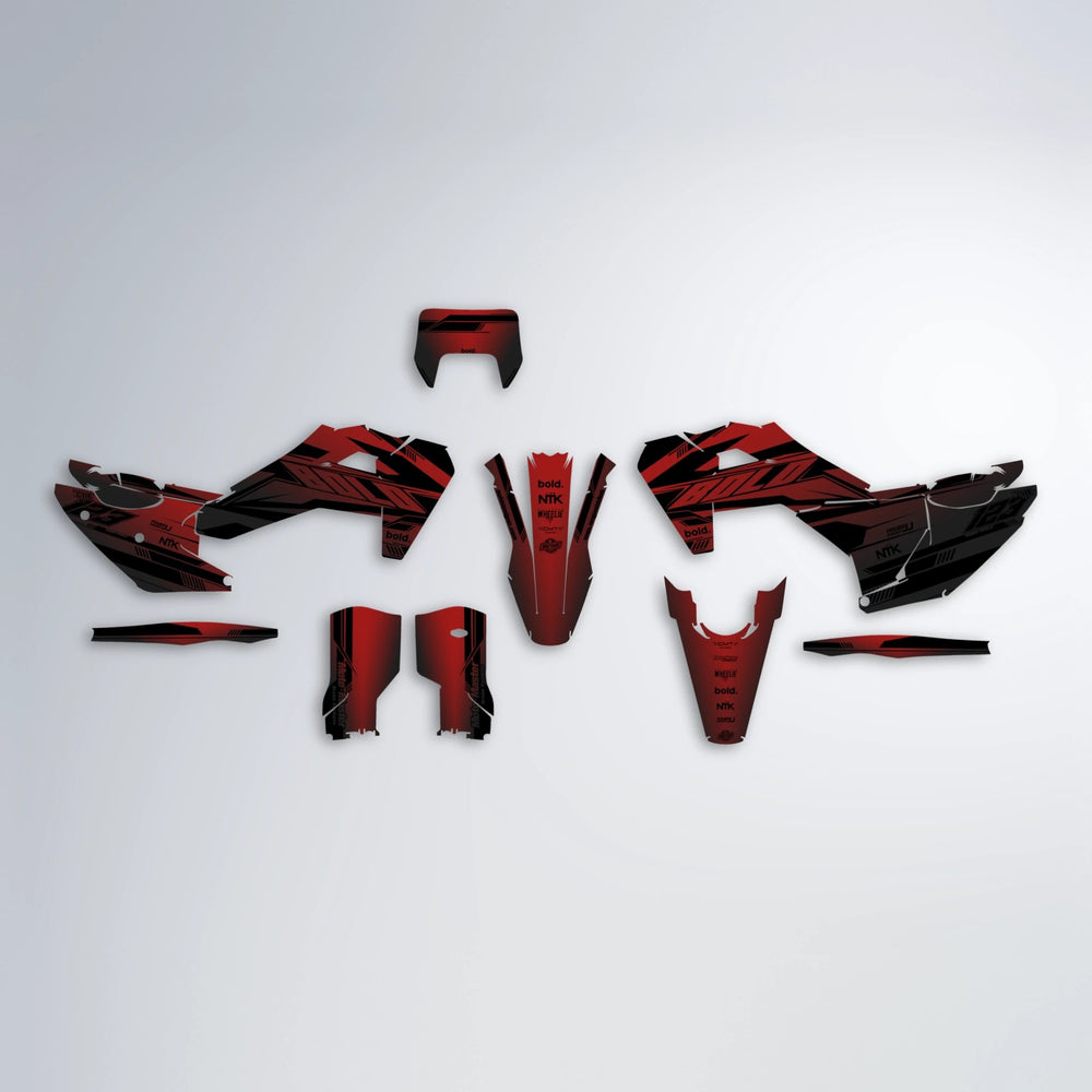 NTK V3 Husqvarna FE/TE graphics kit parts layout in Black & Red