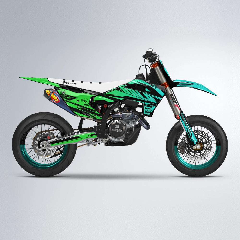 NTK V3 Husqvarna FE/TE supermoto graphics kit in Cyan & Green