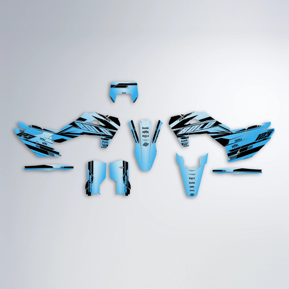NTK V3 Husqvarna FE/TE graphics kit parts layout in Light Blue & White