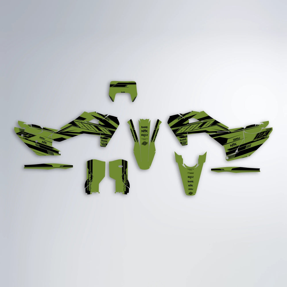 NTK V3 Husqvarna FE/TE graphics kit parts layout in Olive