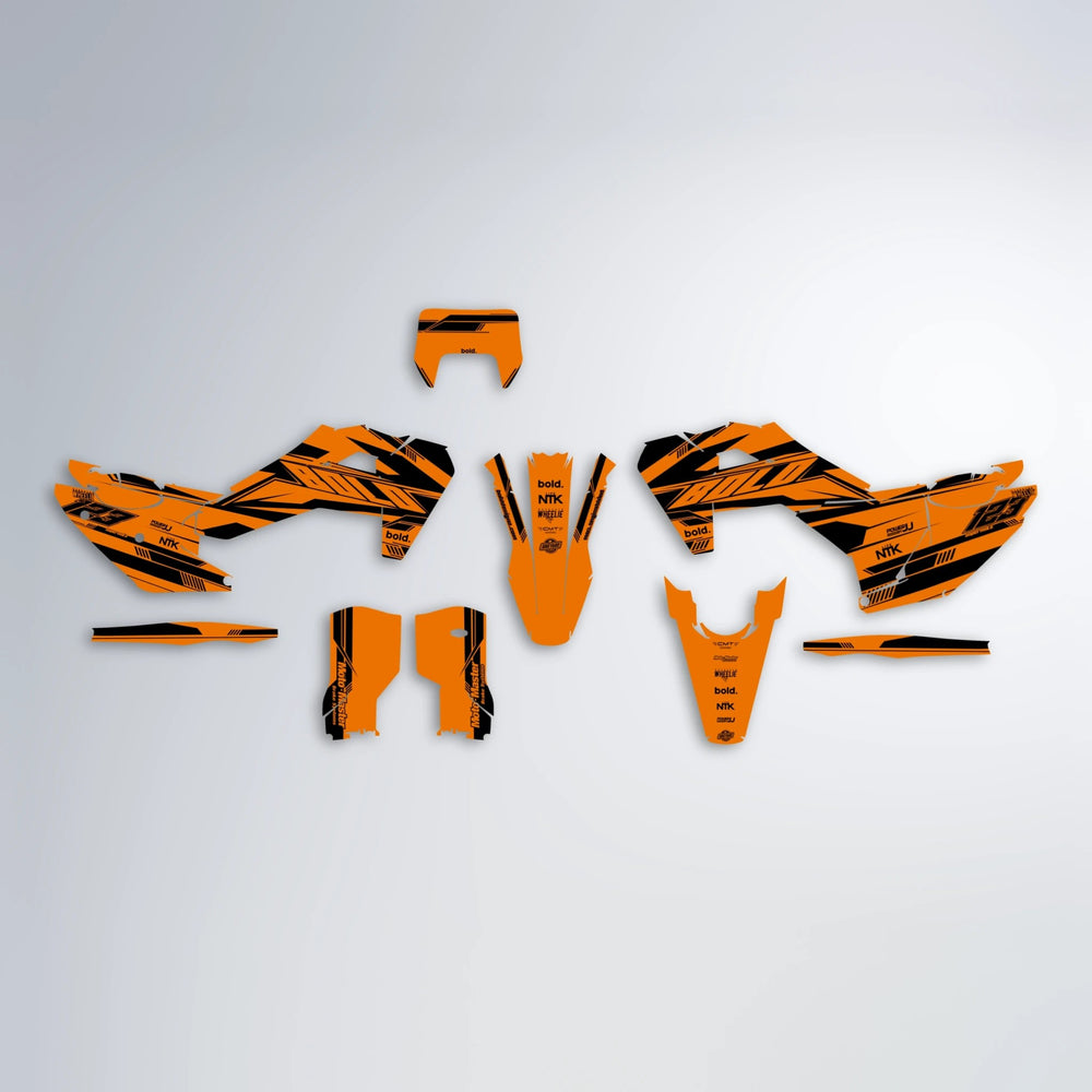 NTK V3 Husqvarna FE/TE graphics kit parts layout in Orange