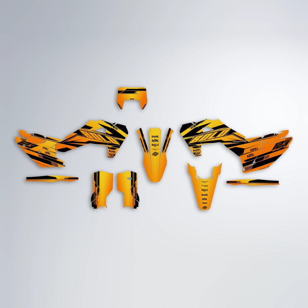 NTK V3 Husqvarna FE/TE graphics kit parts layout in Orange & Yellow