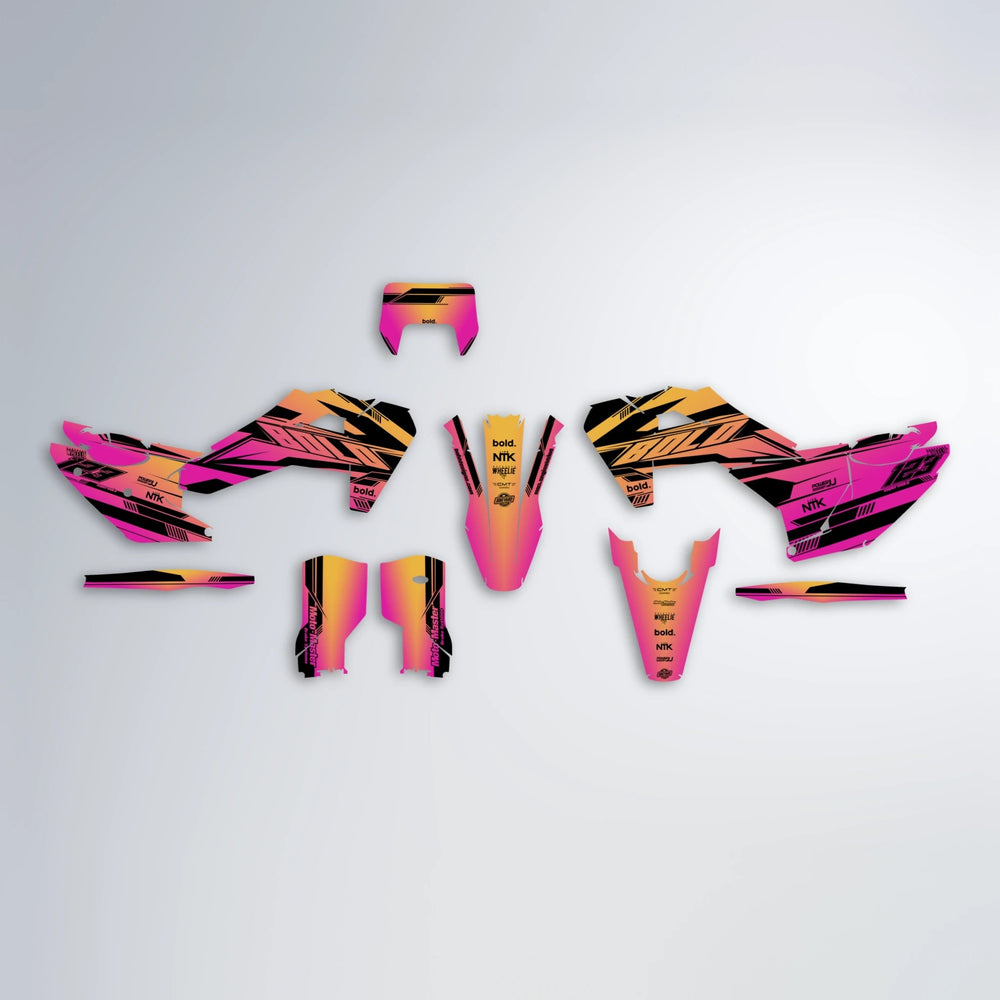 NTK V3 Husqvarna FE/TE graphics kit parts layout in Pink & Yellow
