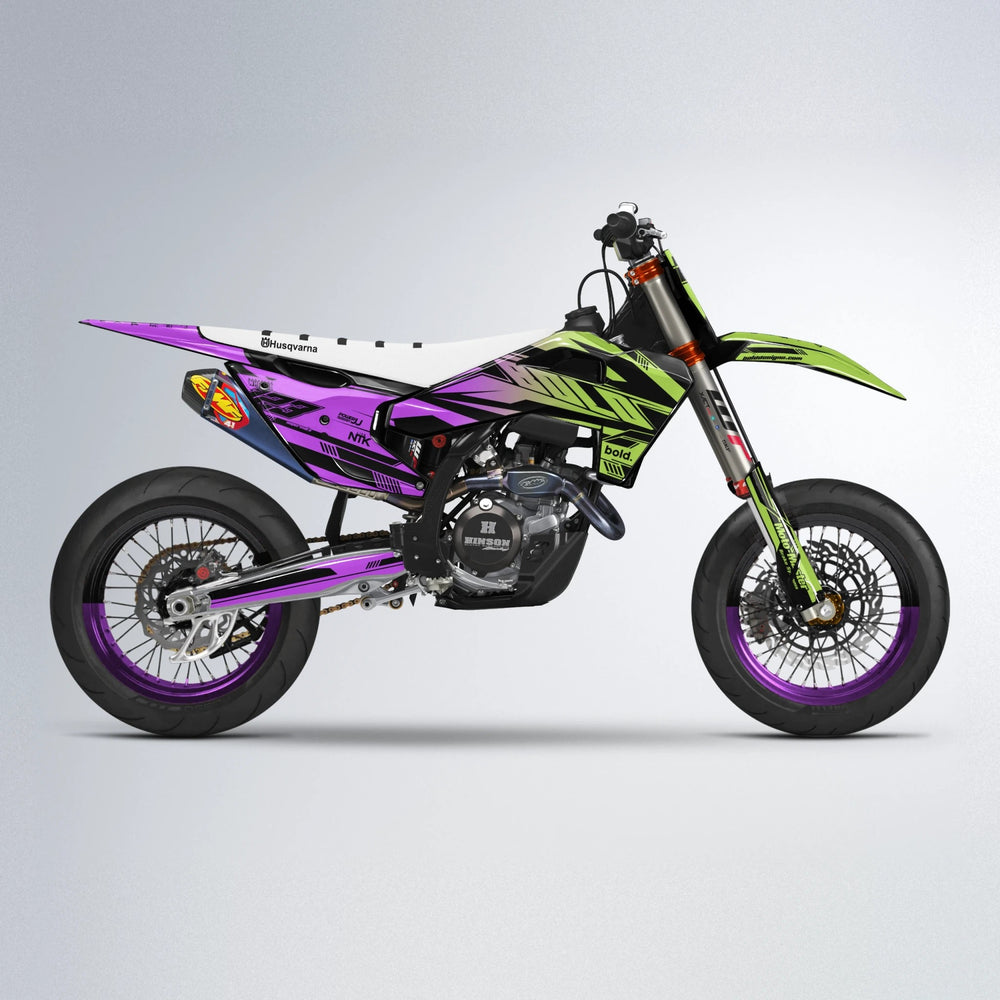 NTK V3 Husqvarna FE/TE supermoto graphics kit in Purple & Yellow