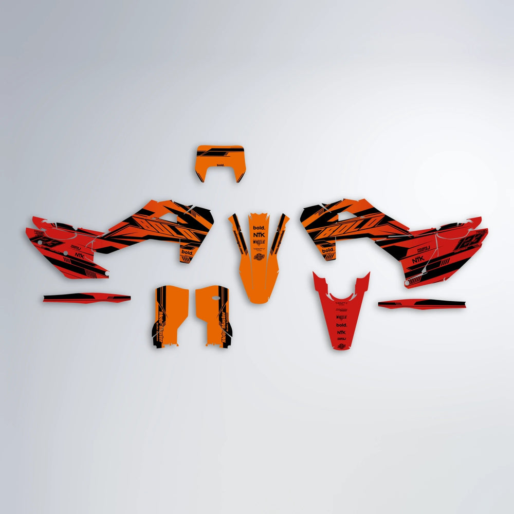 NTK V3 Husqvarna FE/TE graphics kit parts layout in Red & Orange