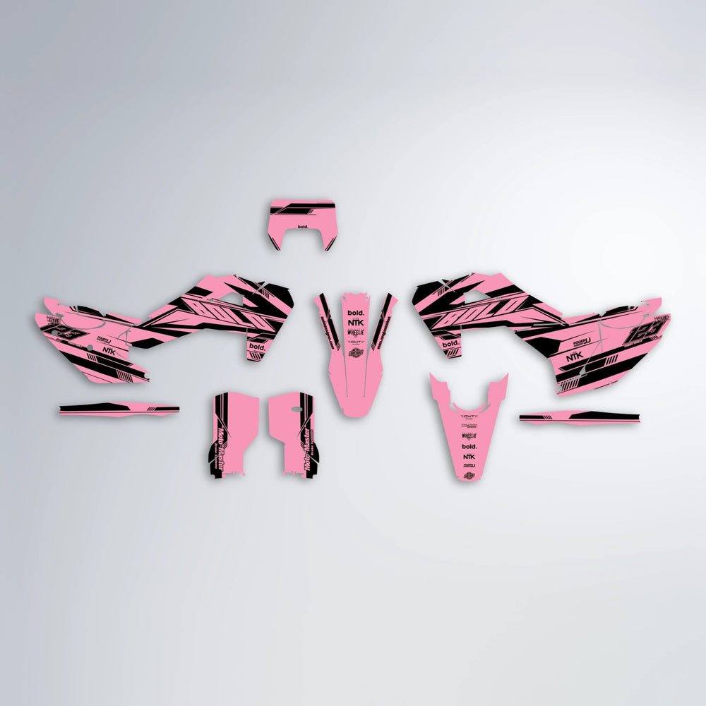 NTK V3 Husqvarna FE/TE graphics kit parts layout in Sakura Pink