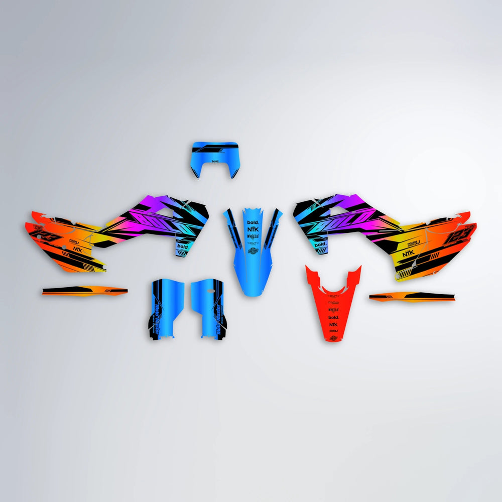 NTK V3 Husqvarna FE/TE graphics kit parts layout in Sunset Fade