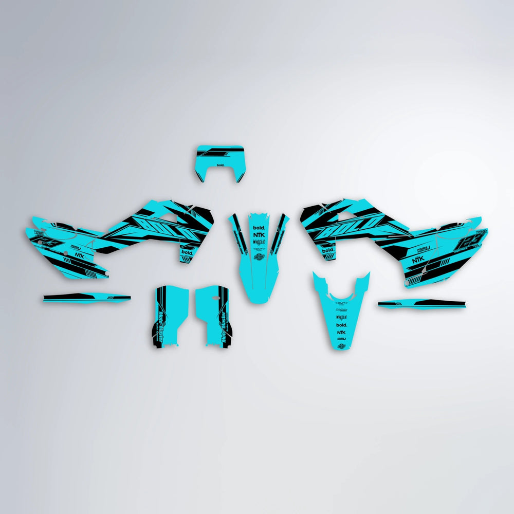 NTK V3 Husqvarna FE/TE graphics kit parts layout in Teal