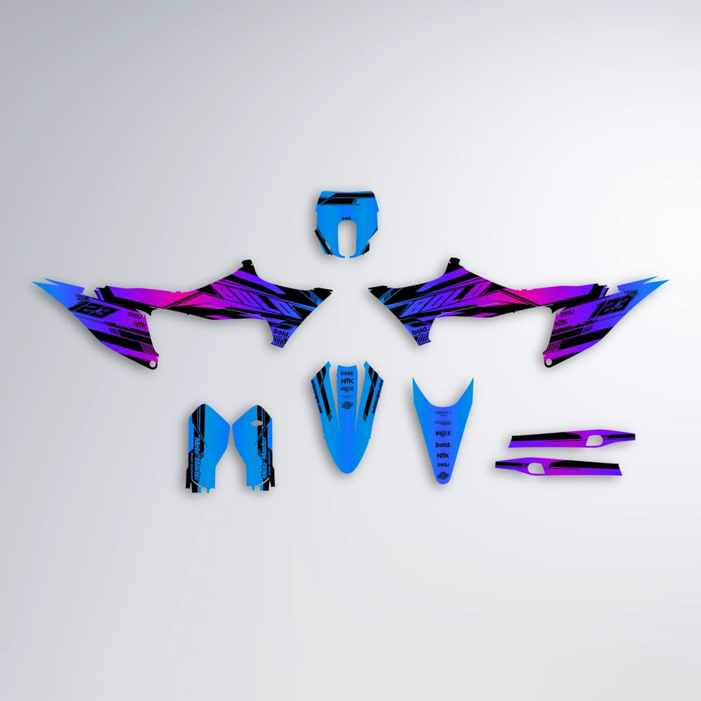 NTK V3 Stark Varg MX graphics kit parts layout in Blue Purple Fade