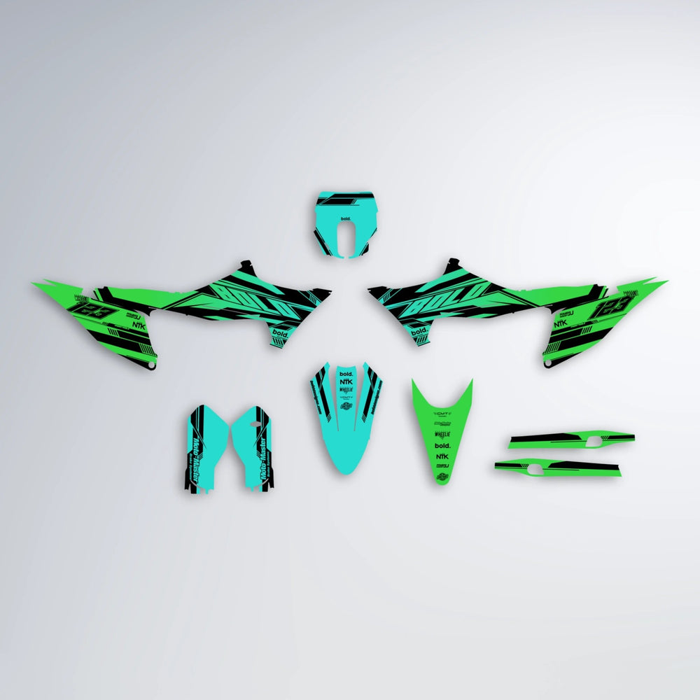 NTK V3 Stark Varg MX graphics kit parts layout in Cyan & Green