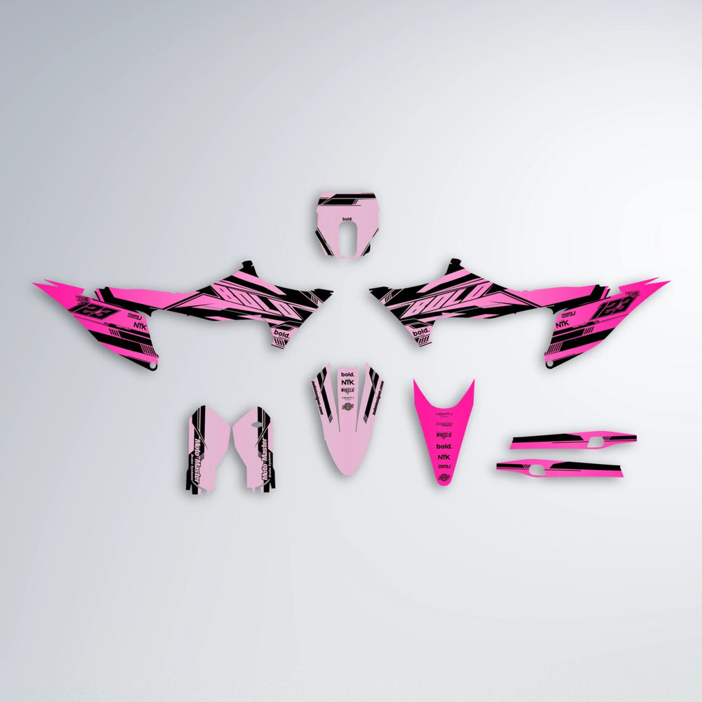 NTK V3 Stark Varg MX graphics kit parts layout in Flamingo