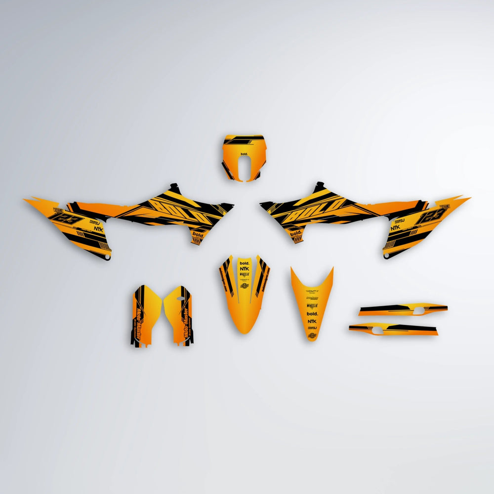 NTK V3 Stark Varg MX graphics kit parts layout in Orange & Yellow