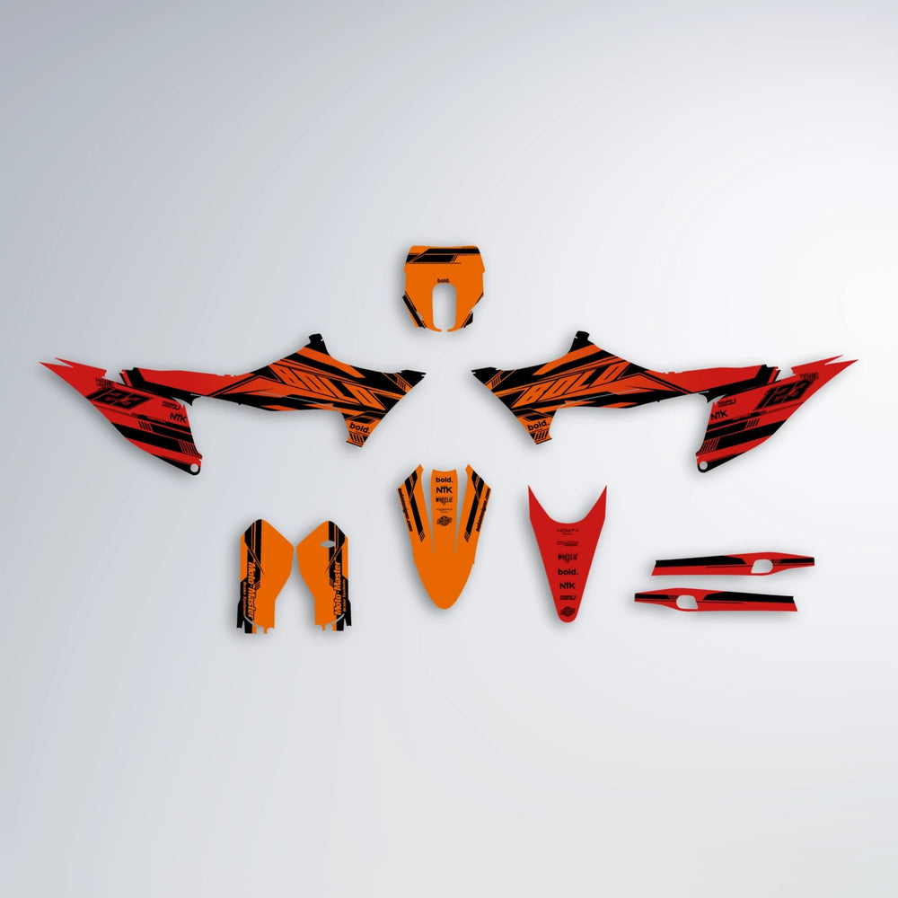 NTK V3 Stark Varg MX graphics kit parts layout in Red & Orange
