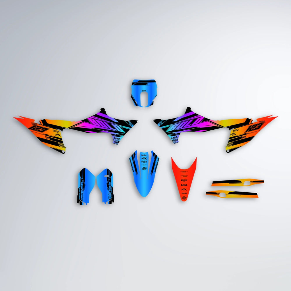 NTK V3 Stark Varg MX graphics kit parts layout in Sunset Fade