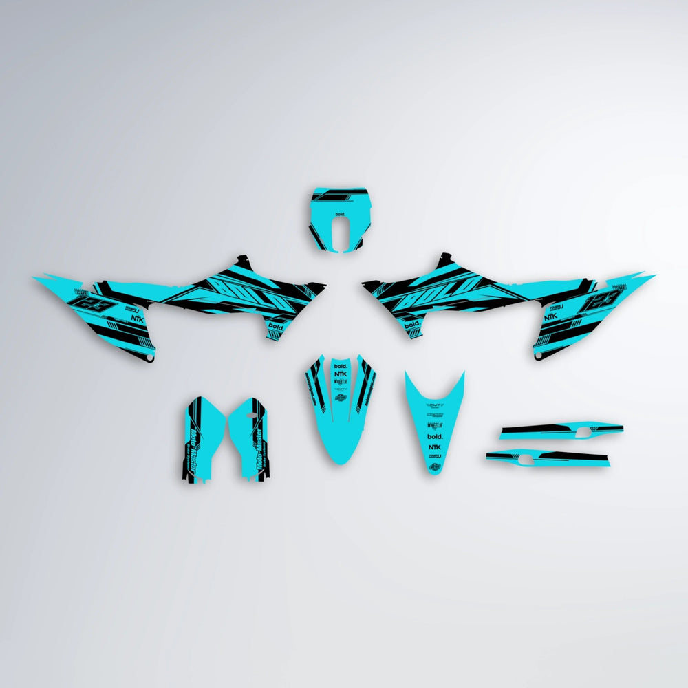 NTK V3 Stark Varg MX graphics kit parts layout in Teal