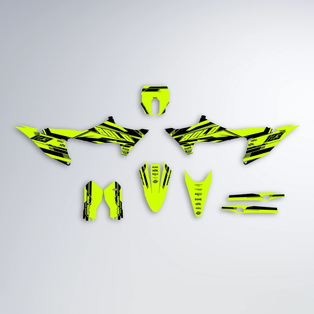 NTK V3 Stark Varg MX graphics kit parts layout in Yellow