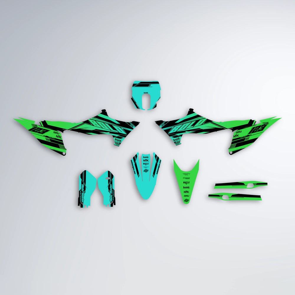 NTK V3 Stark Varg SM graphics kit parts layout in Cyan & Green