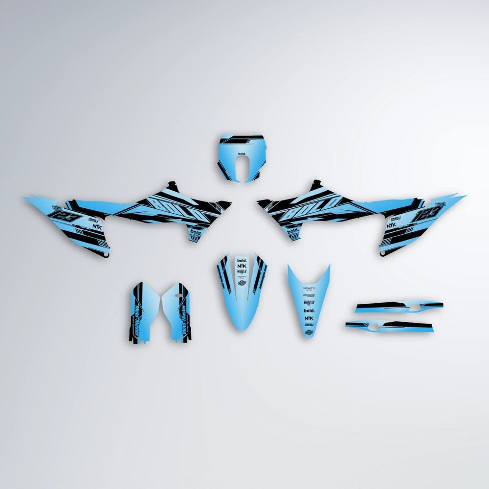 NTK V3 Stark Varg SM graphics kit parts layout in Light Blue & White