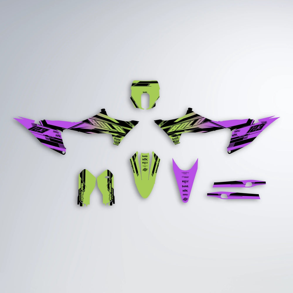 NTK V3 Stark Varg SM graphics kit parts layout in Purple & Yellow