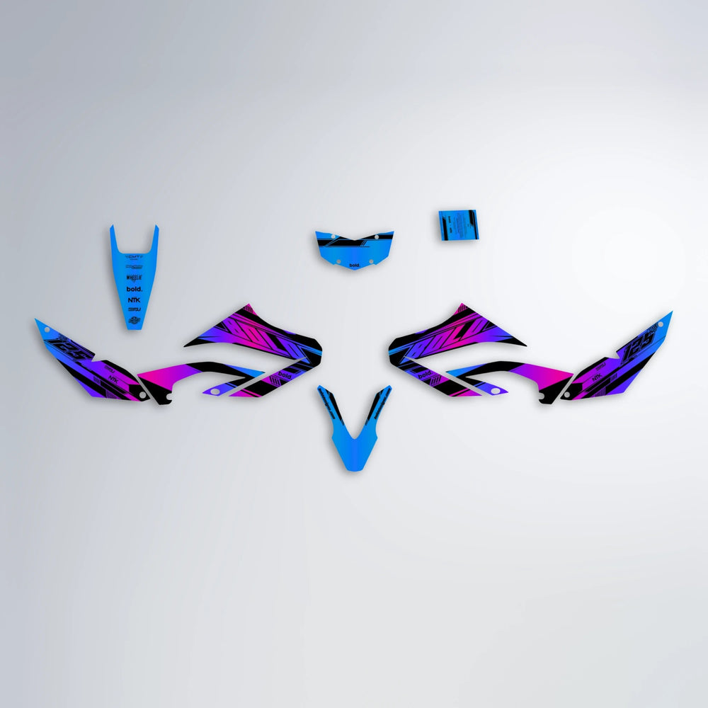 NTK V3 Yamaha WR 125X graphics kit parts layout in Blue Purple Fade