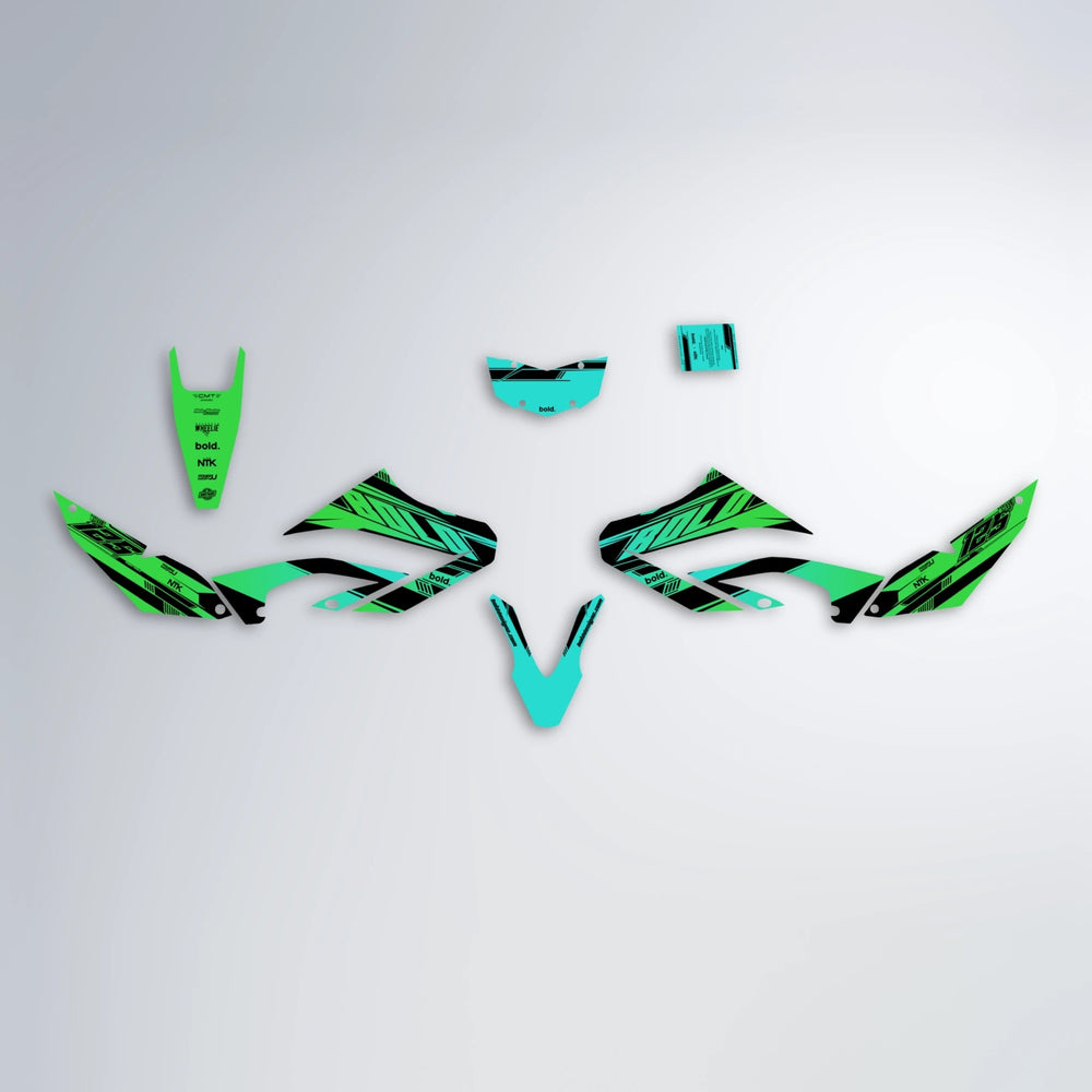 NTK V3 Yamaha WR 125X graphics kit parts layout in Cyan & Green