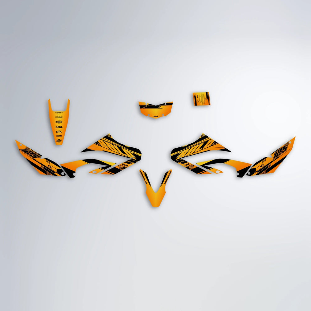NTK V3 Yamaha WR 125X graphics kit parts layout in Orange & Yellow
