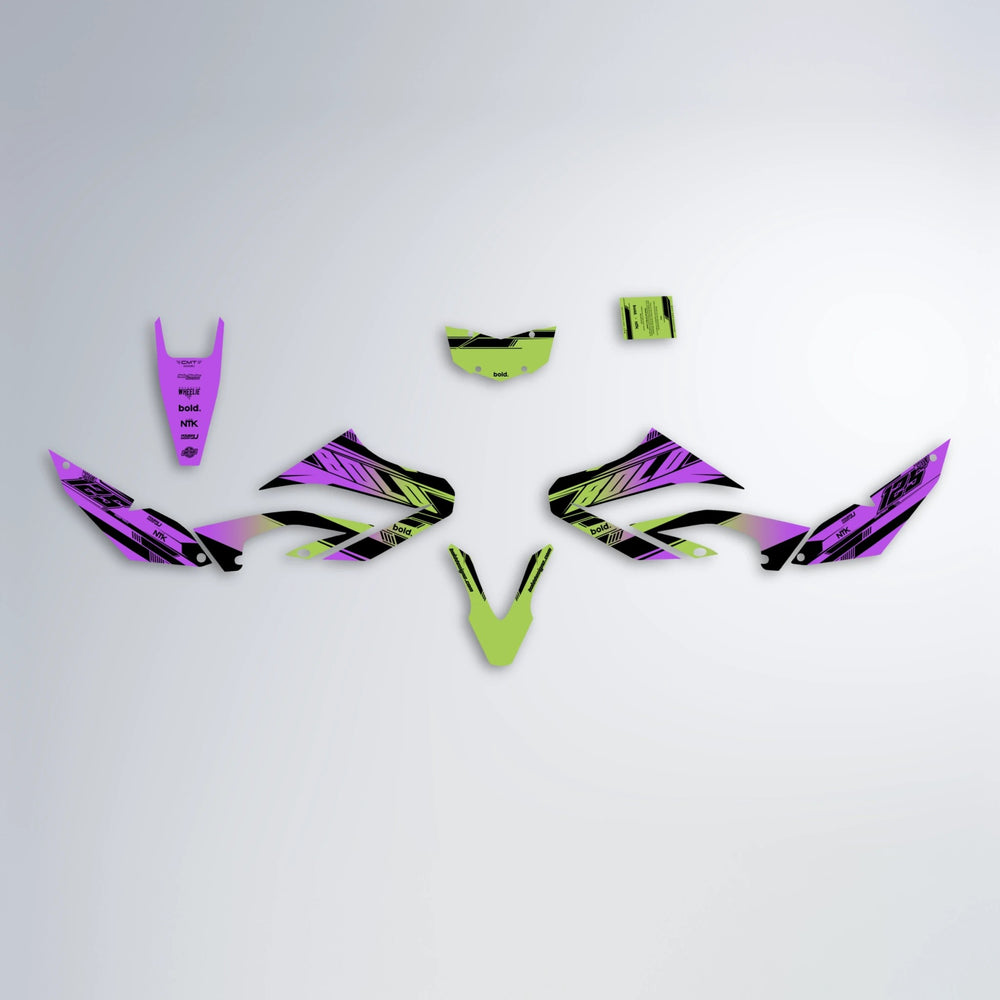 NTK V3 Yamaha WR 125X graphics kit parts layout in Purple & Yellow
