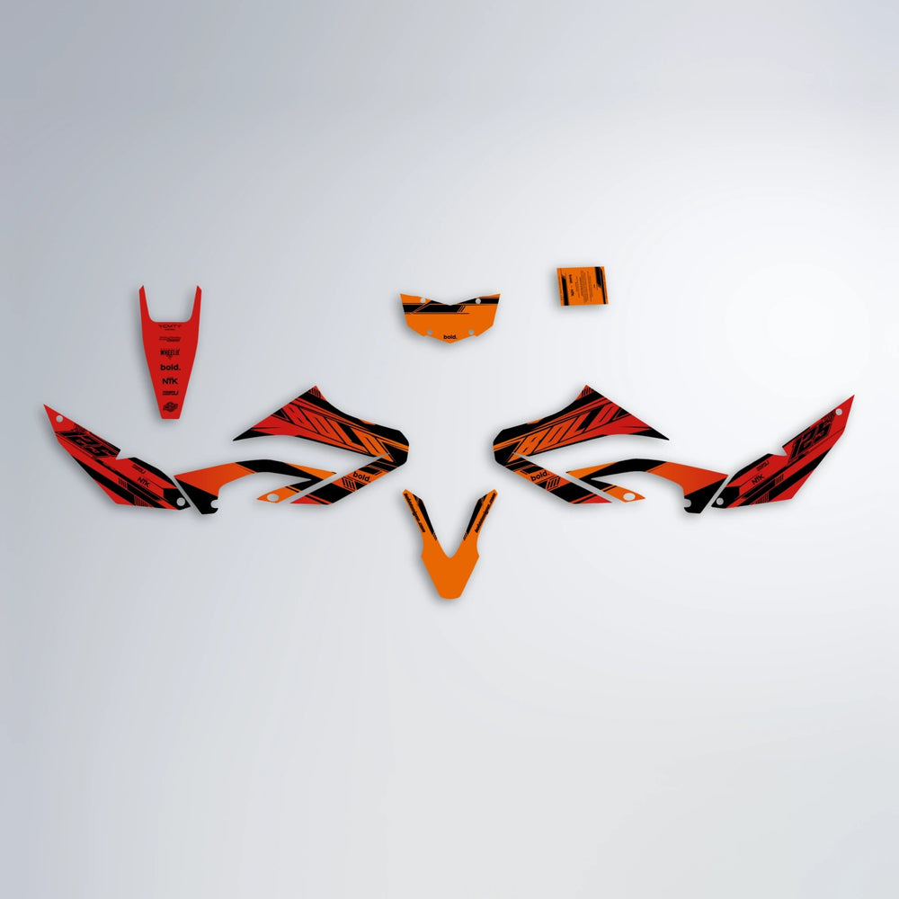 NTK V3 Yamaha WR 125X graphics kit parts layout in Red & Orange