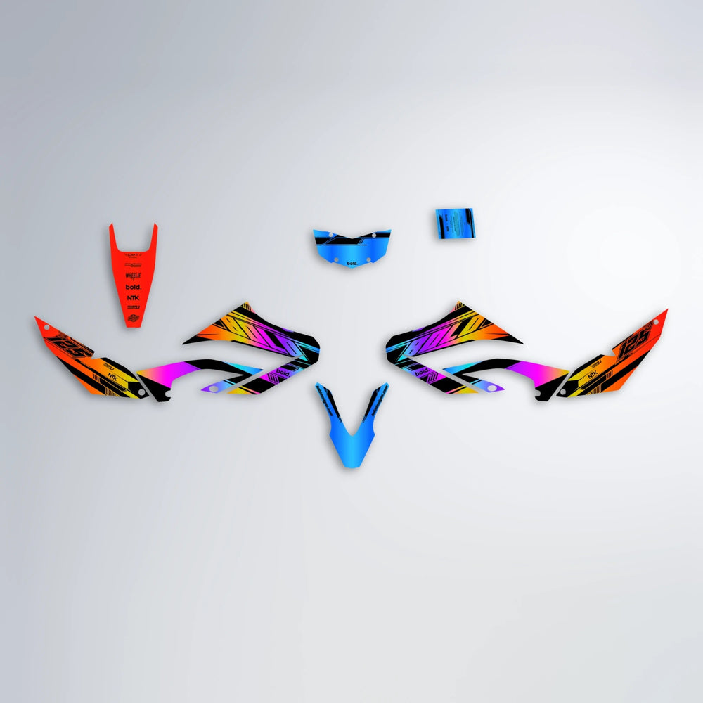 NTK V3 Yamaha WR 125X graphics kit parts layout in Sunset Fade