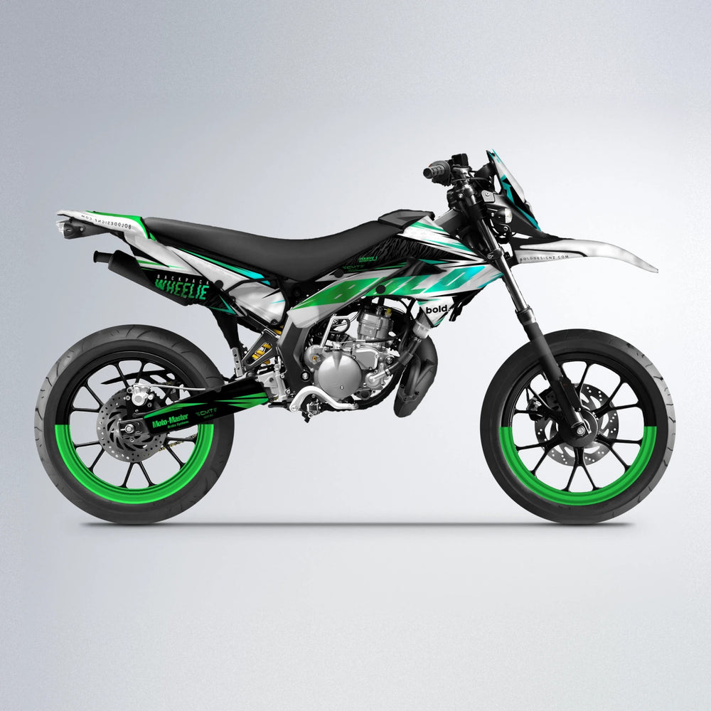 NTK V4 Derbi Senda supermoto graphics kit in Cyan & Green