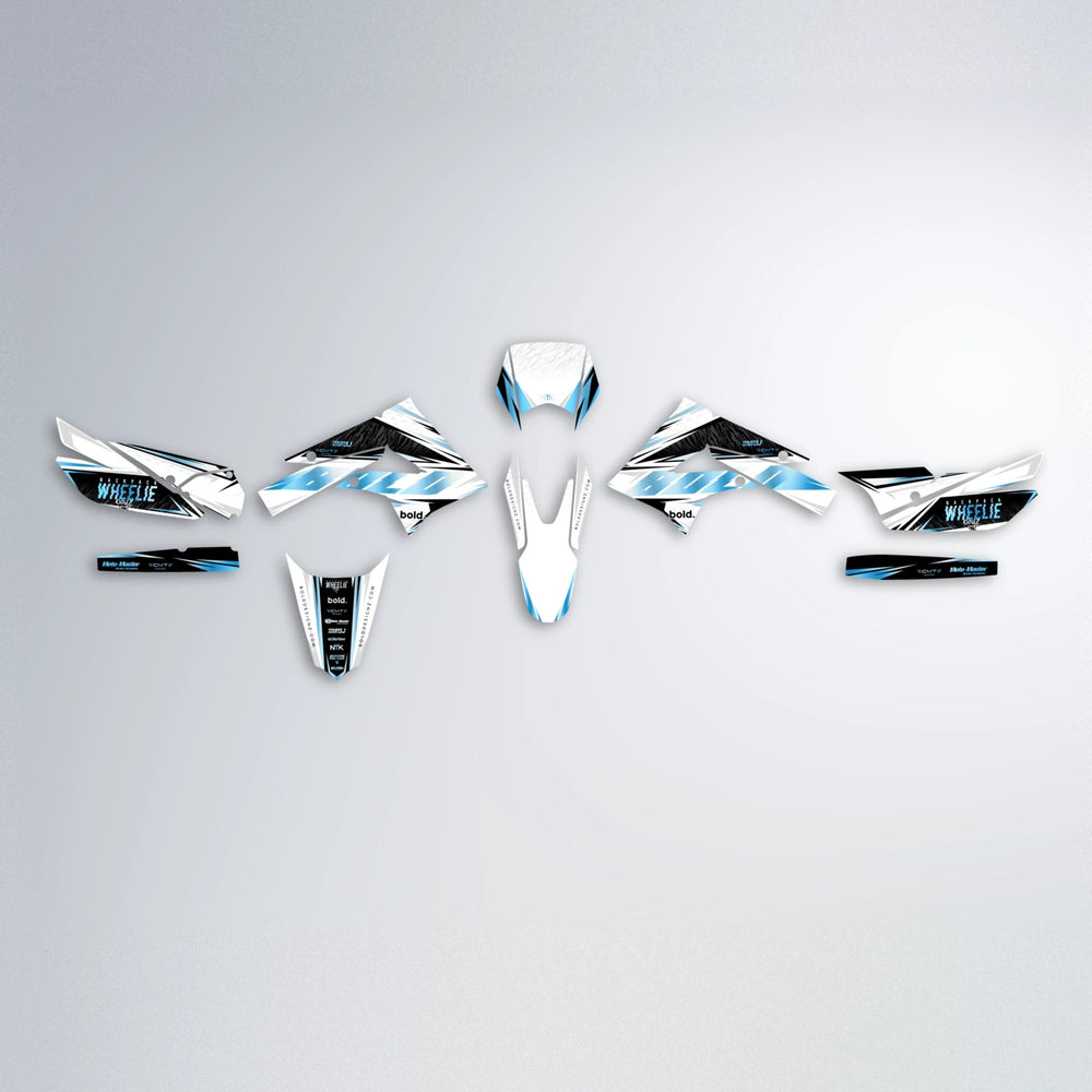 NTK V4 Derbi Senda graphics kit parts layout in Light Blue & White