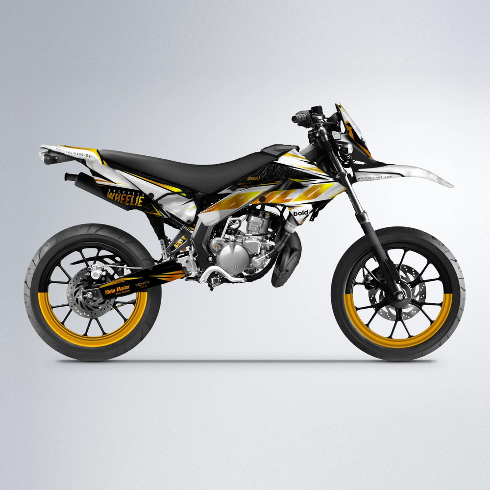 NTK V4 Derbi Senda supermoto graphics kit in Orange & Yellow