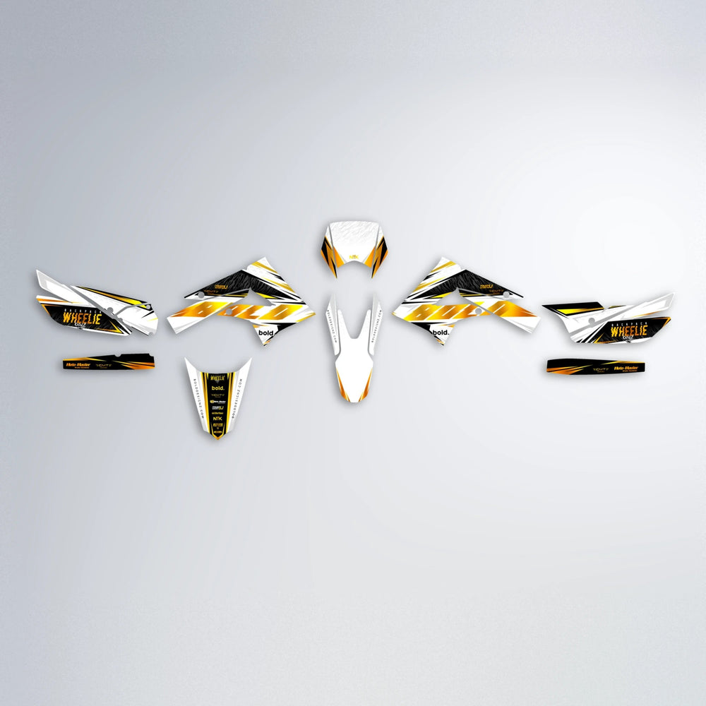 NTK V4 Derbi Senda graphics kit parts layout in Orange & Yellow