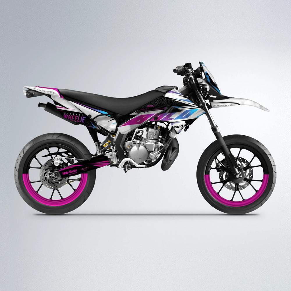 NTK V4 Derbi Senda supermoto graphics kit in Pink & Light Blue