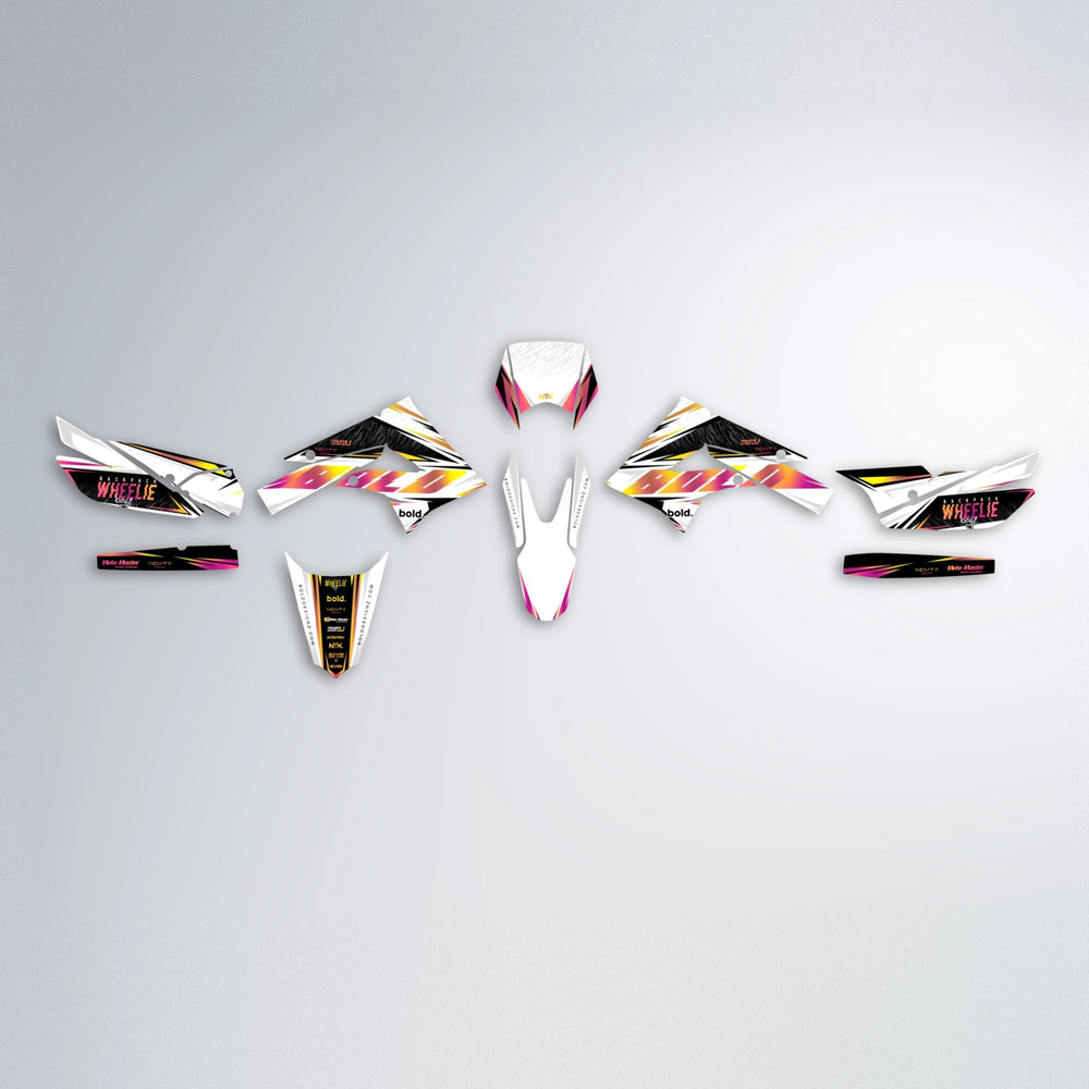 NTK V4 Derbi Senda graphics kit parts layout in Pink & Yellow