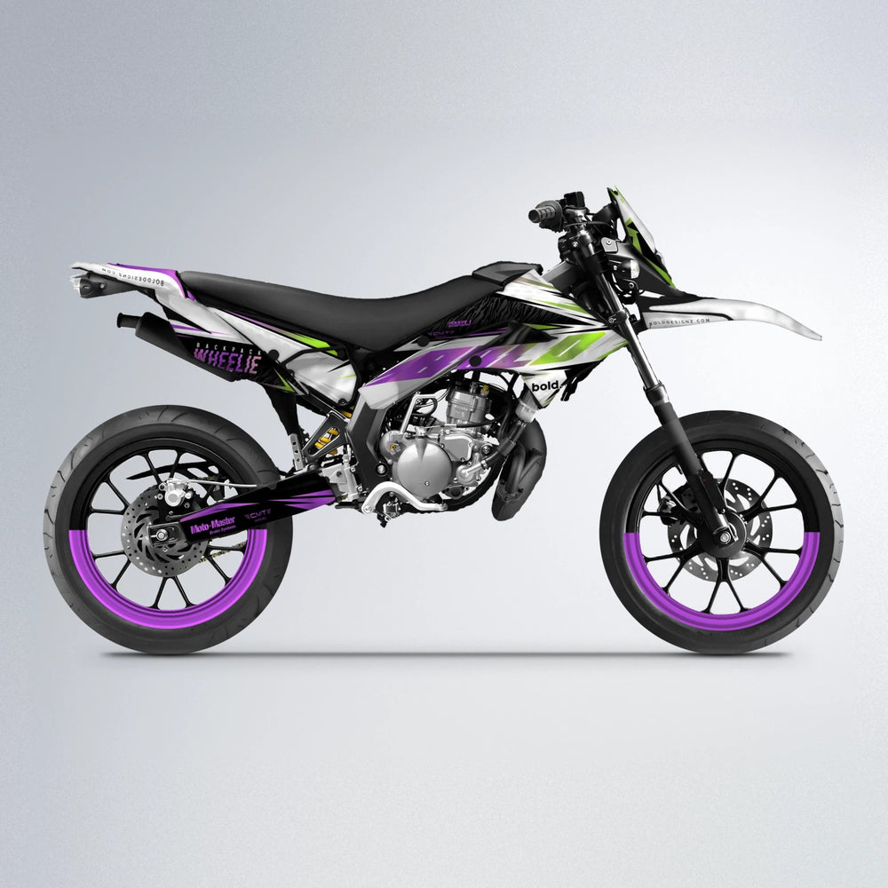 NTK V4 Derbi Senda supermoto graphics kit in Purple & Yellow