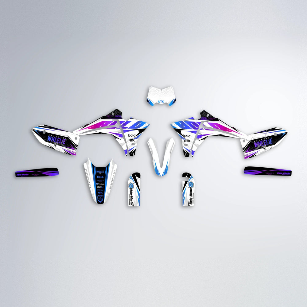 NTK V4 Fantic graphics kit parts layout in Blue Purple Fade