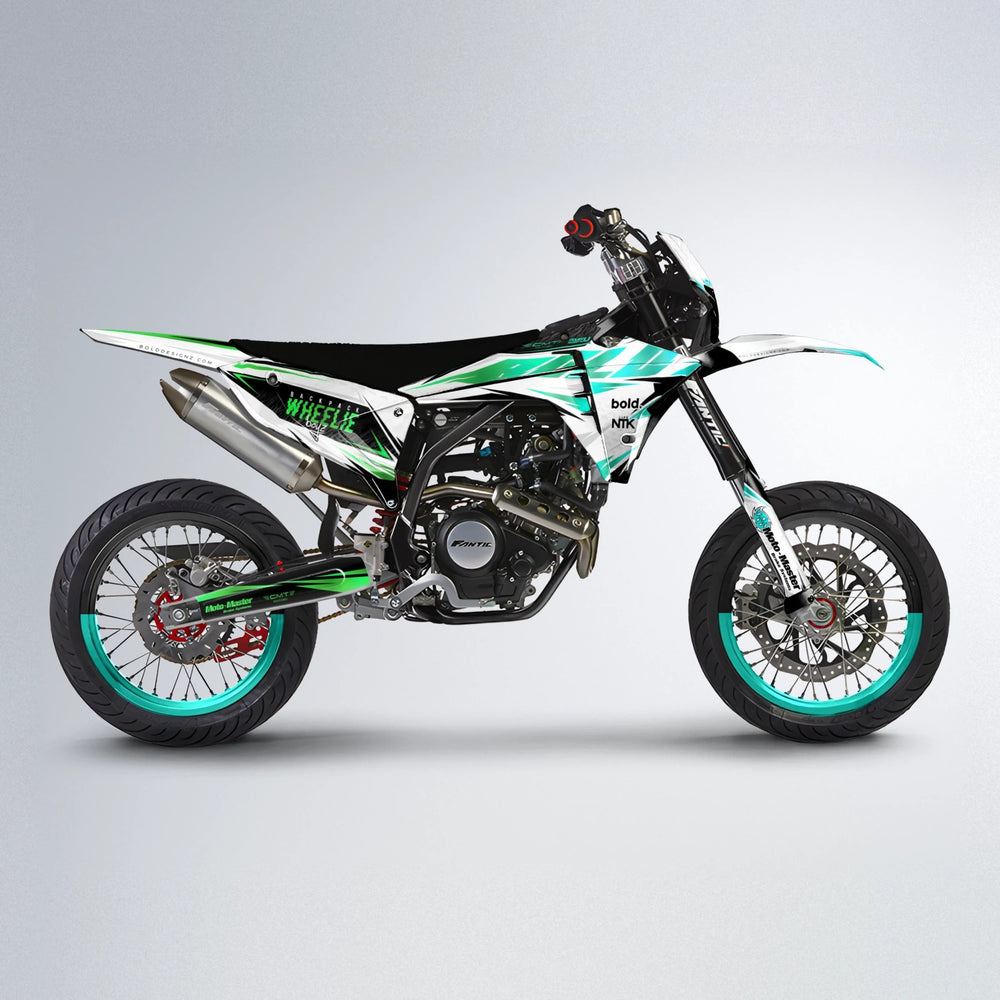 NTK V4 Fantic supermoto graphics kit in Cyan & Green