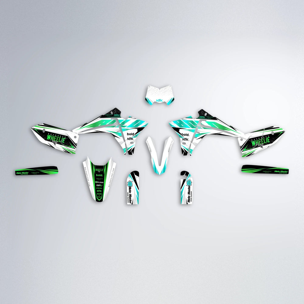 NTK V4 Fantic graphics kit parts layout in Cyan & Green
