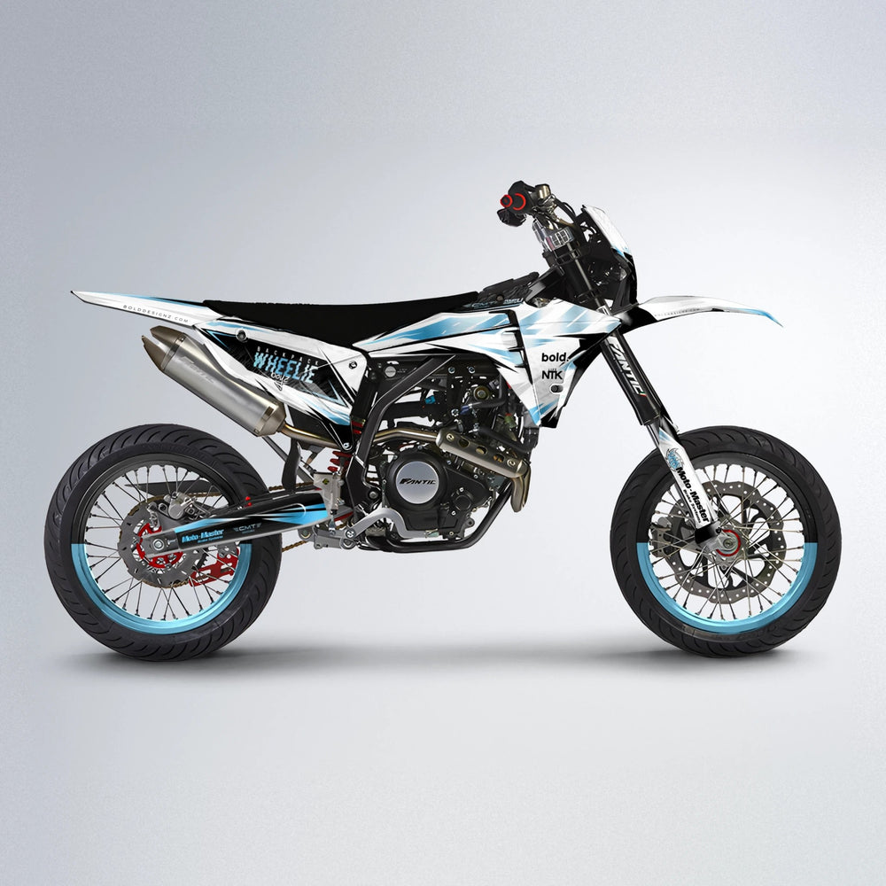 NTK V4 Fantic supermoto graphics kit in Light Blue & White