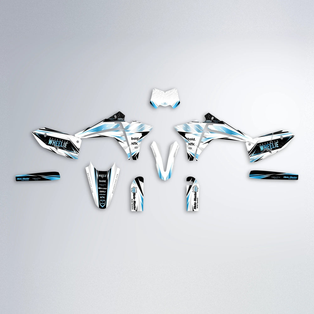 NTK V4 Fantic graphics kit parts layout in Light Blue & White