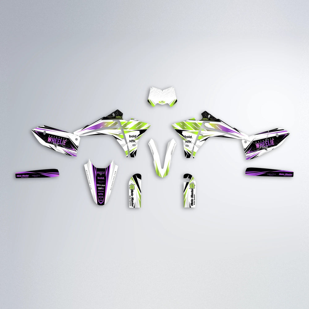 NTK V4 Fantic graphics kit parts layout in Purple & Yellow
