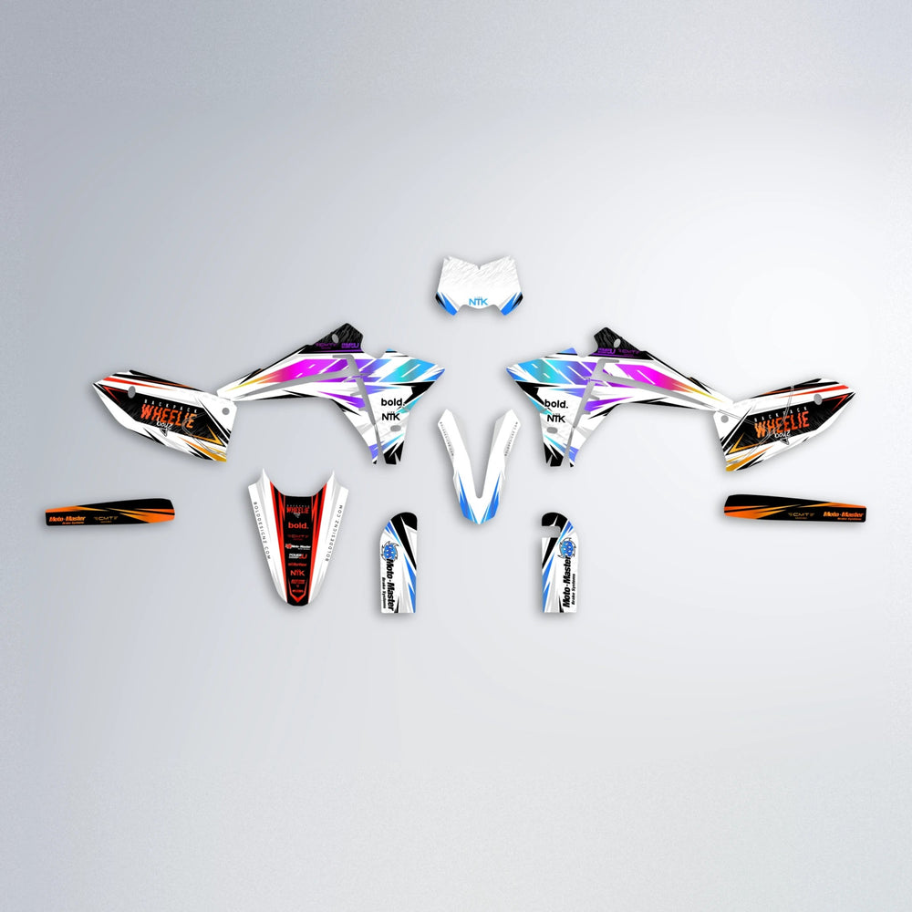 NTK V4 Fantic graphics kit parts layout in Sunset Fade