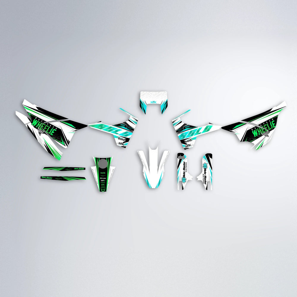 NTK V4 Husqvarna 701 graphics kit parts layout in Cyan & Green