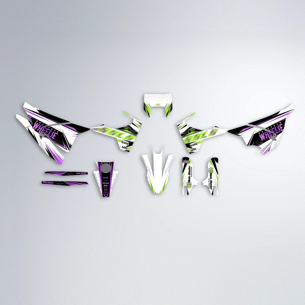 NTK V4 Husqvarna 701 graphics kit parts layout in Purple & Yellow