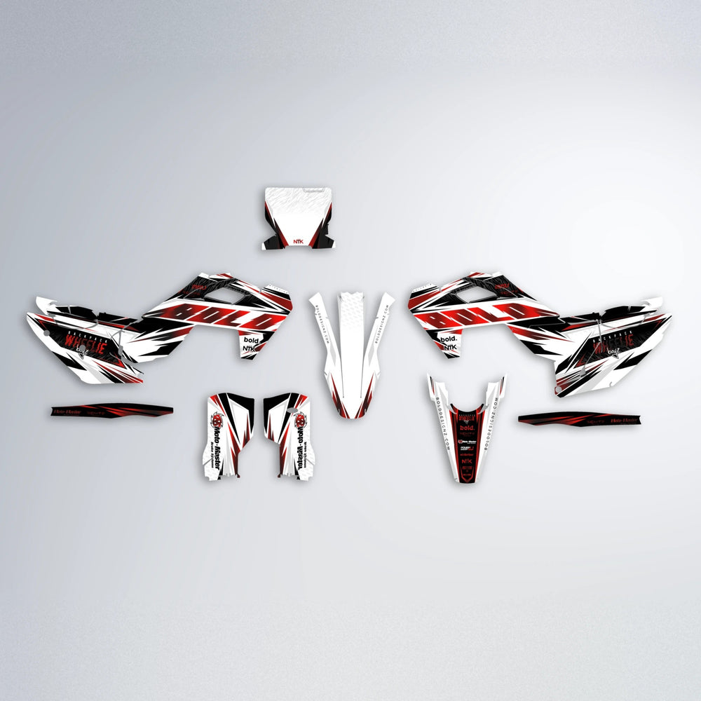 NTK V4 Husqvarna FE/TE graphics kit parts layout in Black & Red