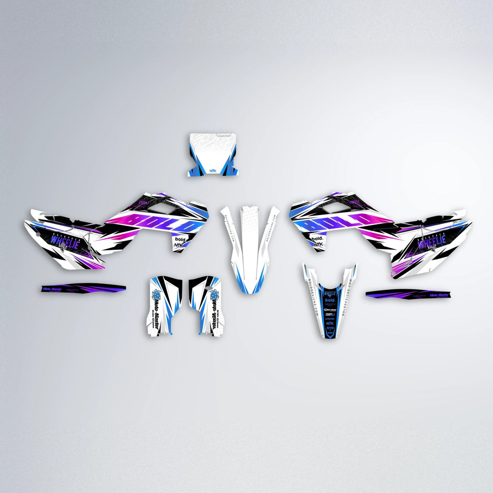 NTK V4 Husqvarna FE/TE graphics kit parts layout in Blue Purple Fade