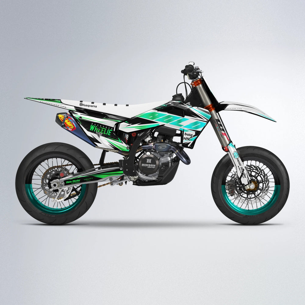 NTK V4 Husqvarna FE/TE supermoto graphics kit in Cyan & Green