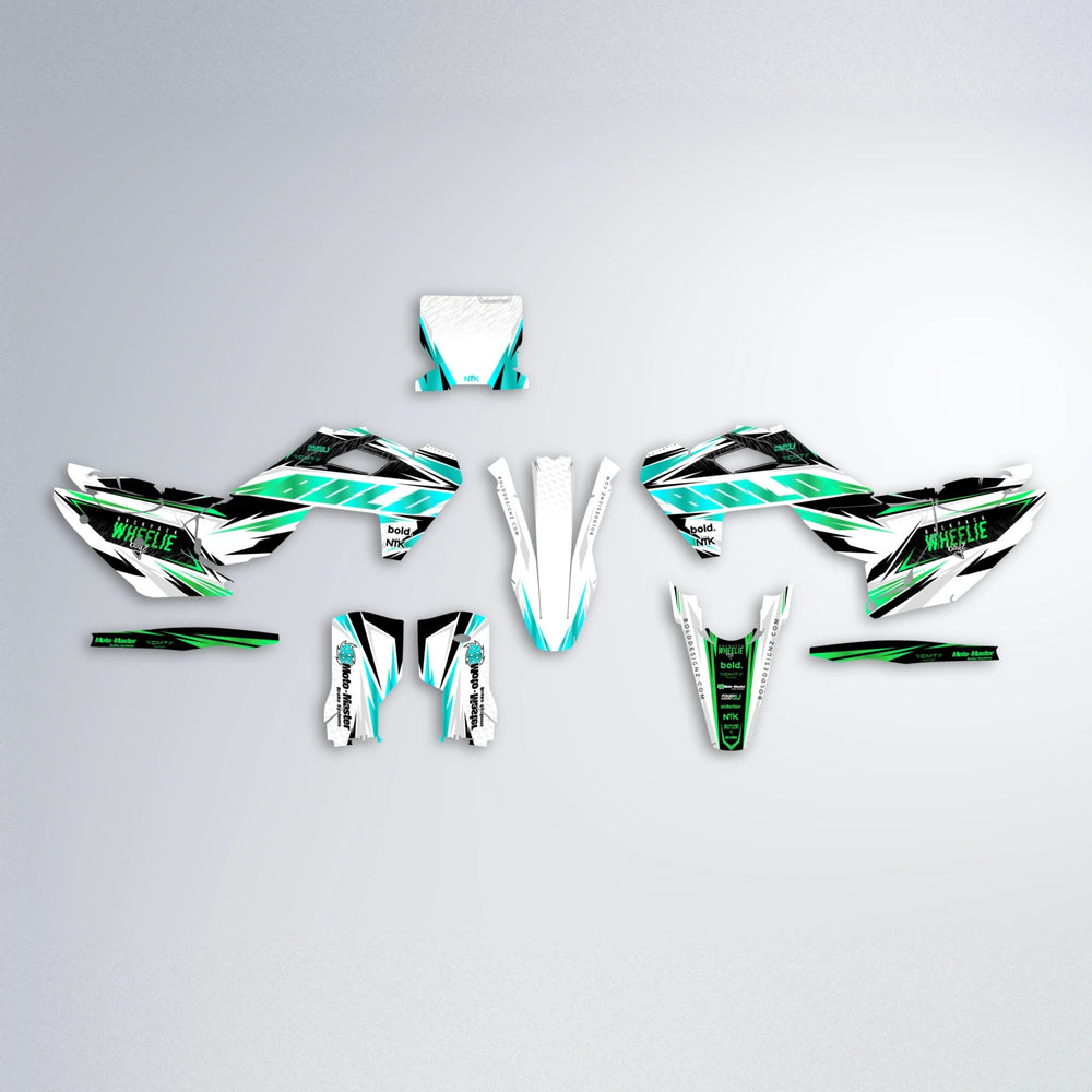 NTK V4 Husqvarna FE/TE graphics kit parts layout in Cyan & Green