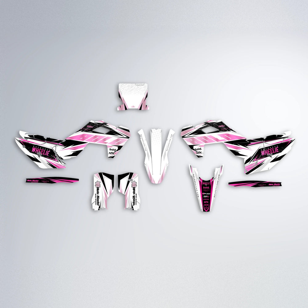NTK V4 Husqvarna FE/TE graphics kit parts layout in Flamingo